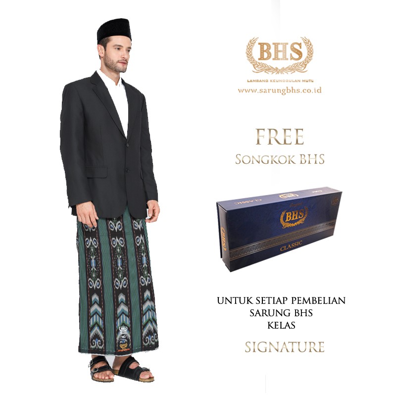 Sarung BHS Signature Gold Motif Kawung Sersan Dua Warna Hijau Hitam