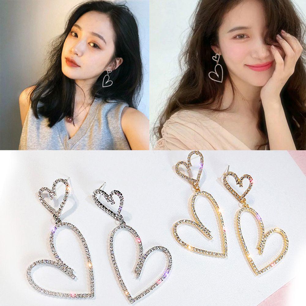 Anting Hoop TOP Perhiasan Wanita Mengkilap Ear Studs Double Heart