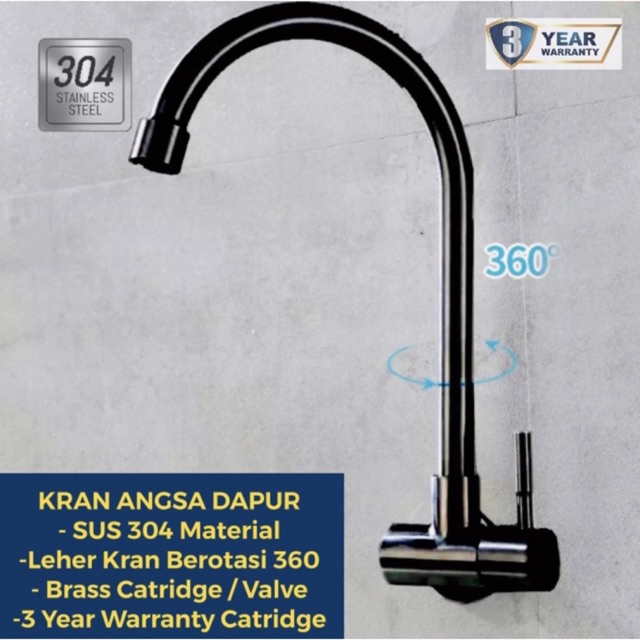 Kran Air Angsa Tembok Sink - Keran Dapur Dinding Wall SUS304 Hitam 04HD