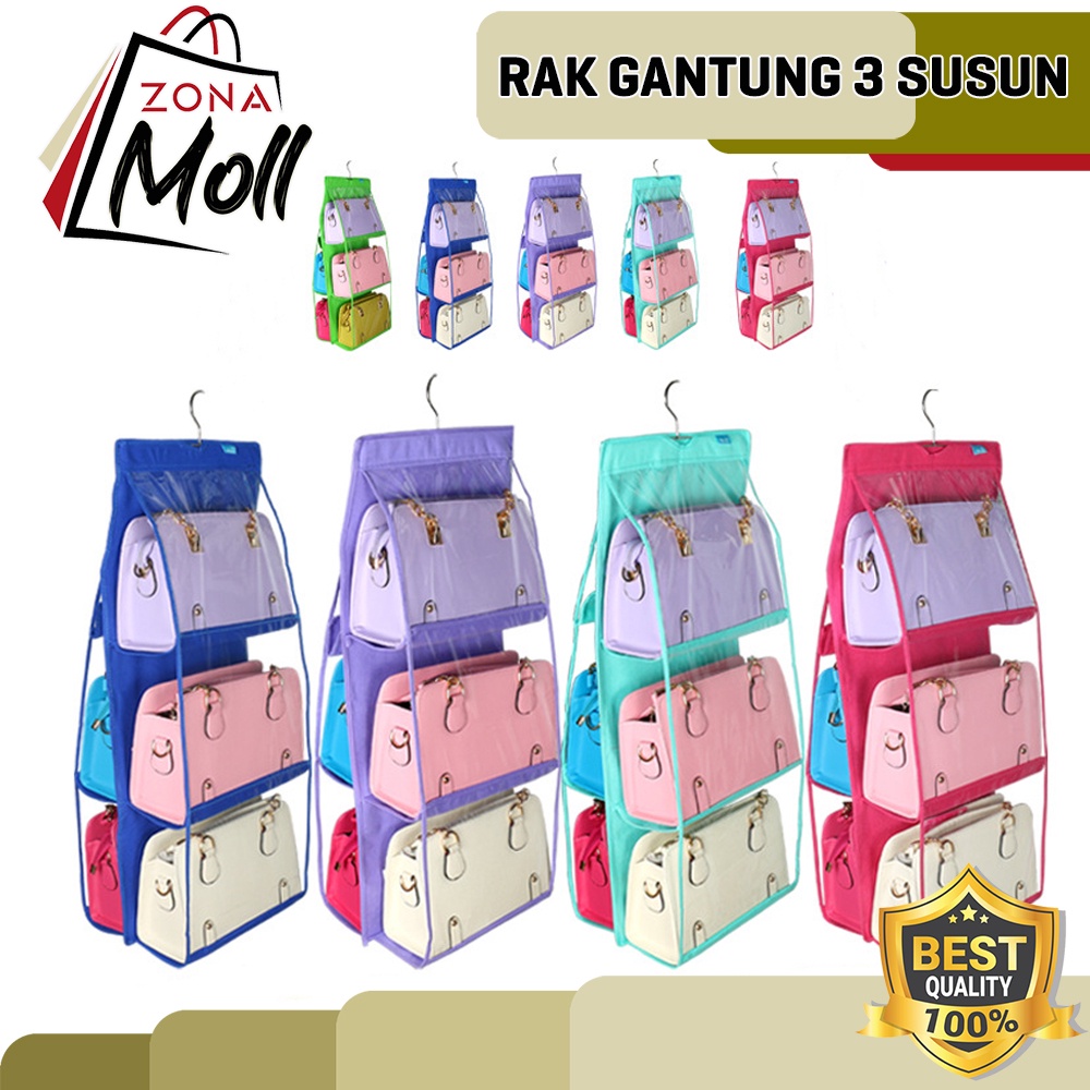 RAK TAS GANTUNG 3 SUSUN 6 SLOT POLOS PLASTIK BAG ORGANIZER HANGING