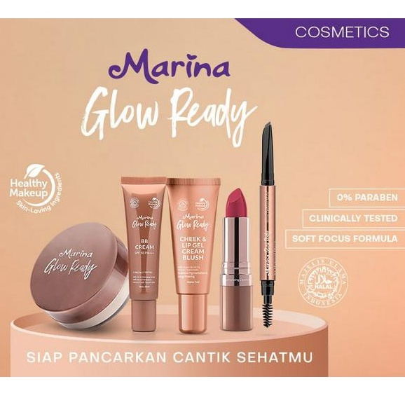 Marina Glow Ready two way cake, BB Cream, Loose Powder, Blush On, Liquid Concealer, Foundation, Liquid Highlighter, Lip Cream, Lipstick, eyeliner, Brow, Mascara, Face eyeshadow Pallete, Cream Blush, mosturizing lipstick, brush set, beauty blender, cushion