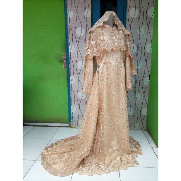 Gaun pengantin Syar'i bisa request ukuran dan Warna / Full Brukat / Full set / Jumbo atau Small / termasuk Aksesoris