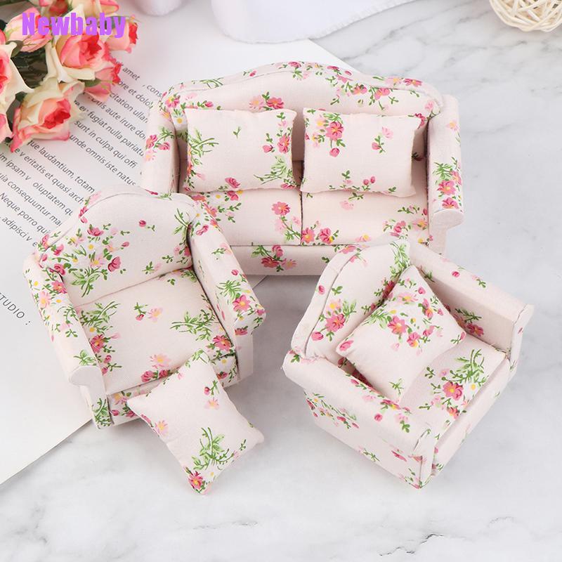 (Newbaby) 3pcs / Set Miniatur Sofa + Bantal Bahan Kayu Skala 1: 12 Untuk Dekorasi Rumah Boneka