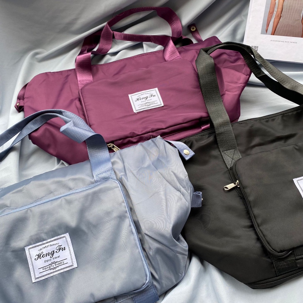 TAS TRAVEL UKURAN BESAR MUAT BANYAK BARANG BAHAN PARASUT BEST QUALITY HANDBAG HONGJU UNTUK BERPERGIAN BISA DILIPAT ADA 3 PILIHAN WARNA READY GROSIR DAN COD
