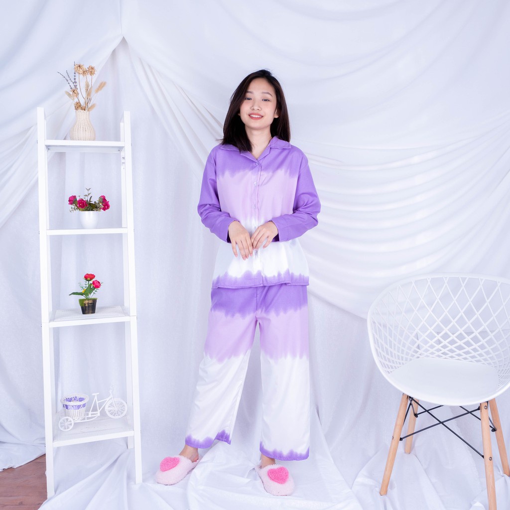 Galaxy Longsleeve Set - Baju Tidur Tie Dye Set / Daily Set / Piyama Kemeja Set PP Fit XL-PYM PP GRADASI UNGU