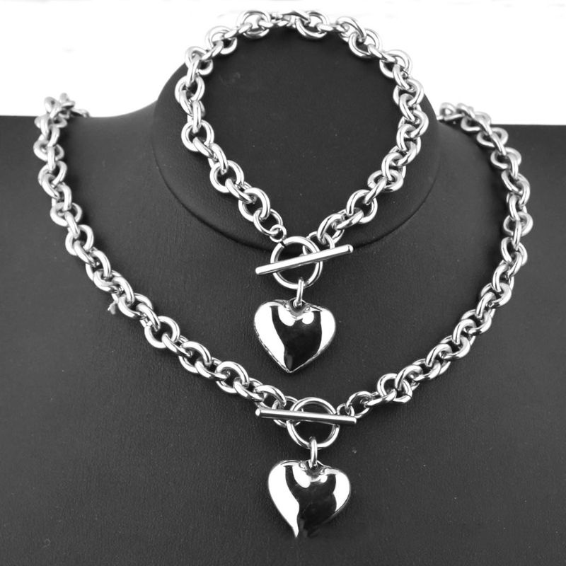 SIY  1Set Women Ladies Stainless Steel Chain Heart Shaped Toggle Bracelet Pendant Necklace for Jewelry Gifts Decor