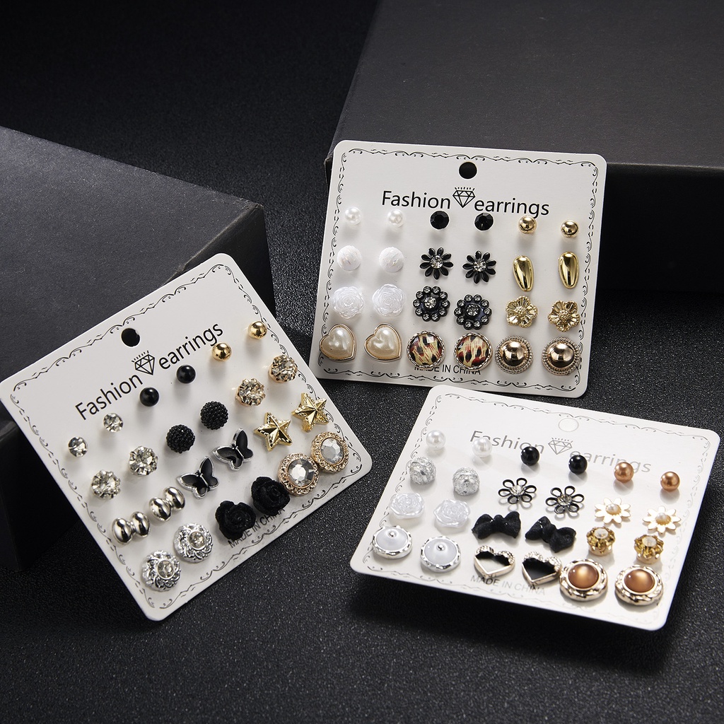 12 Pasang / Set Anting Stud Mutiara Berlian Bentuk Bulat Gaya Korea Untuk Wanita