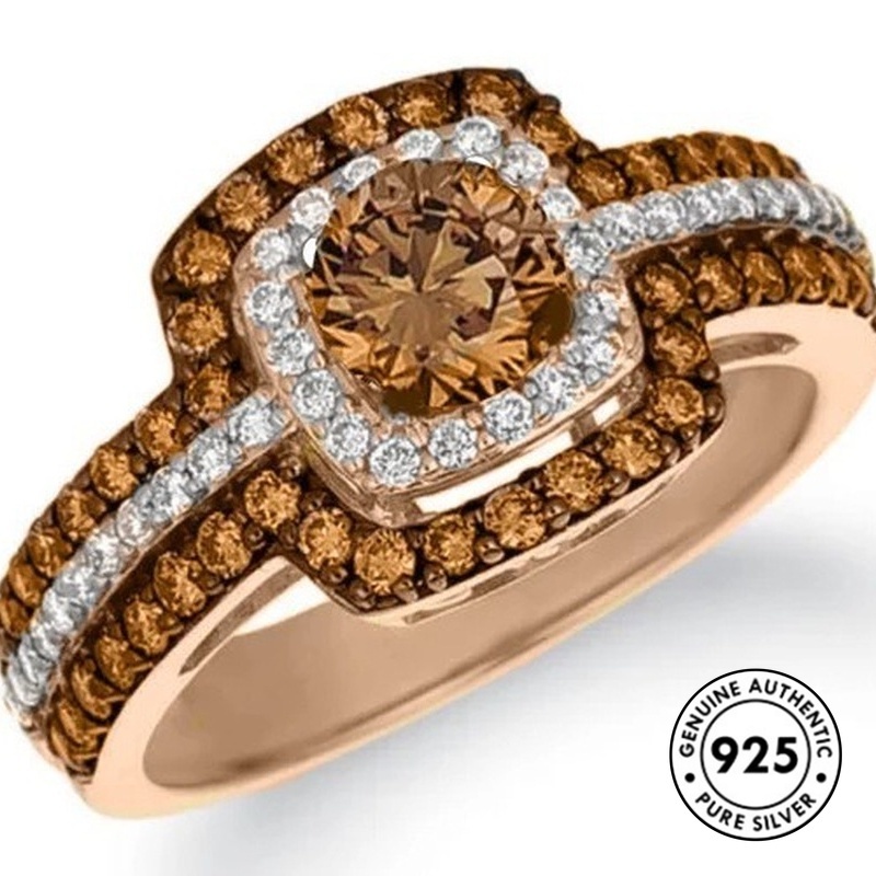 Cincin Lapis Silver Sterling 925 Dengan Berlian Imitasi Warna Rose Gold Champagne Untuk Wanita