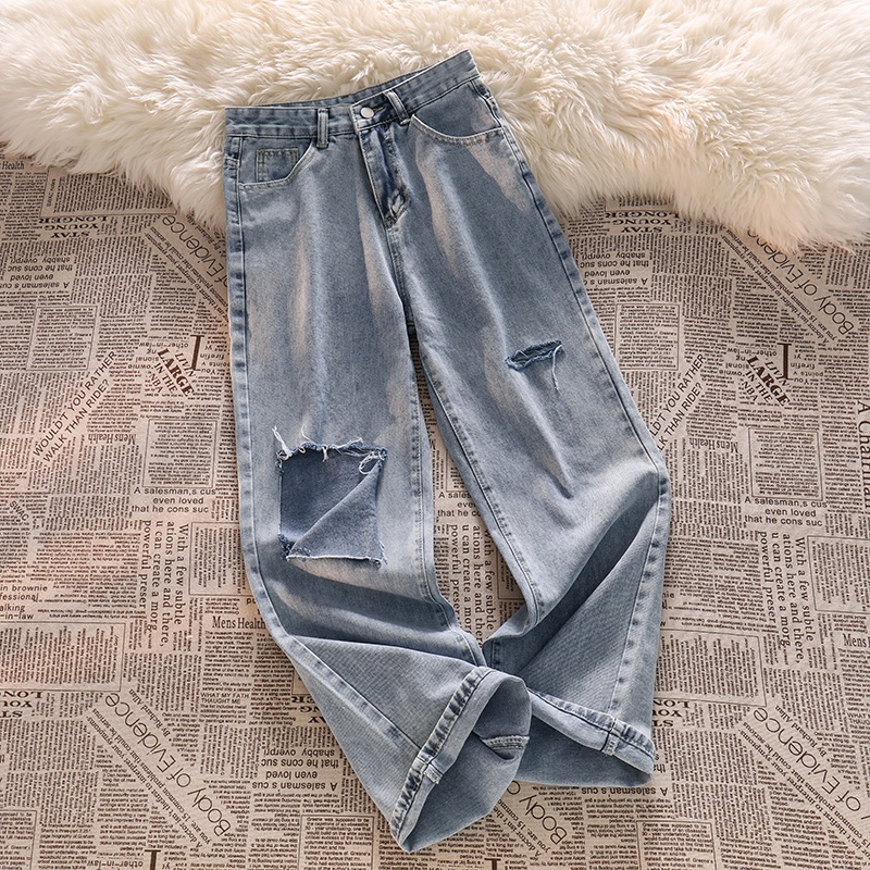 Warna Biru muda Highwaist Robek-Robek Loose Kasual Celana Jeans Panjang Wanita