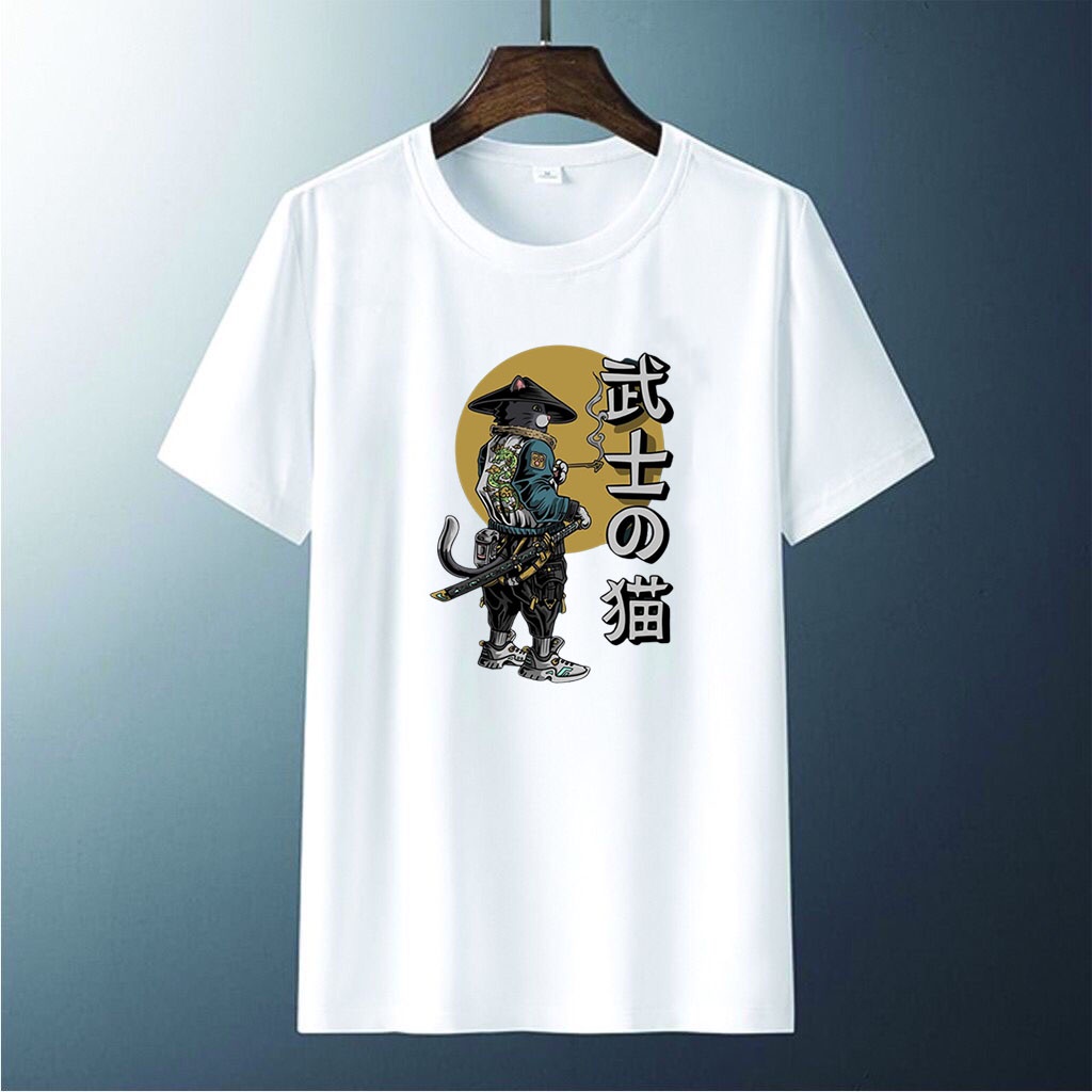 Kaos Distro Pria Gambar Jepang Tulisan Jepang samurai Atasan Pendek T-shirt Pria Dewasa Baju Unisex cowok cewek