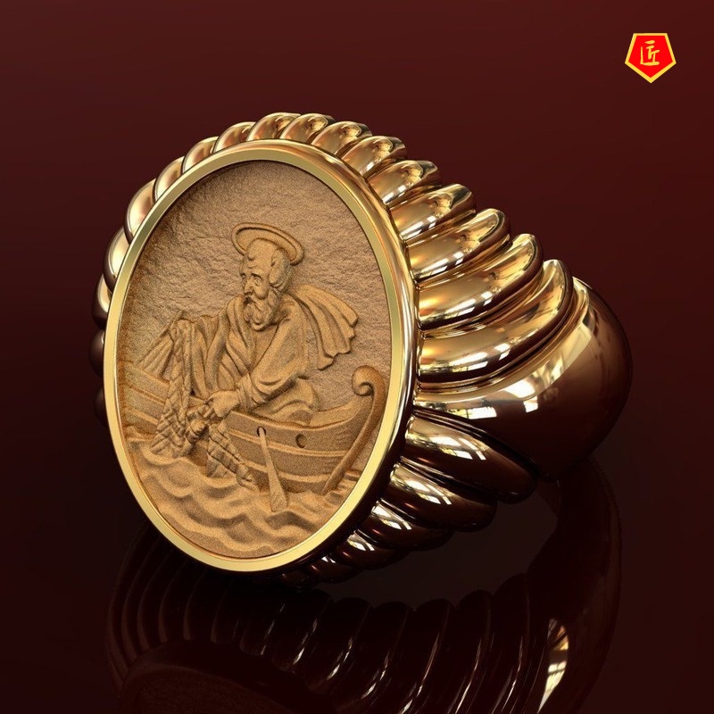 [Ready Stock]Retro Personality 18K Gold Fisherman Statue Man's Ring