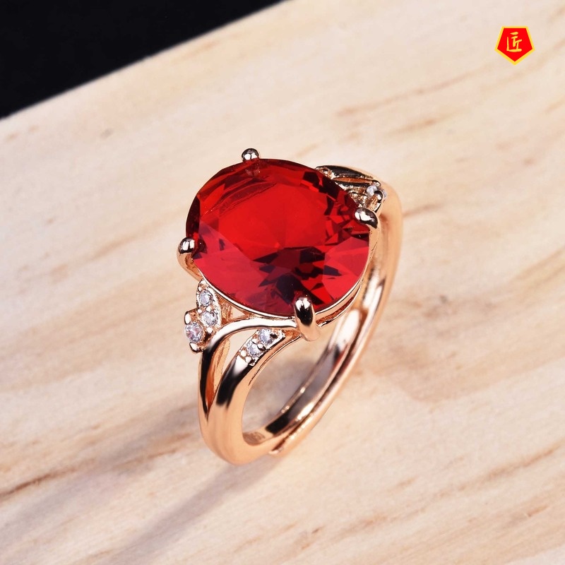 [Ready Stock]Oval Red Tourmaline Gemstone Open Ring Elegant Personality