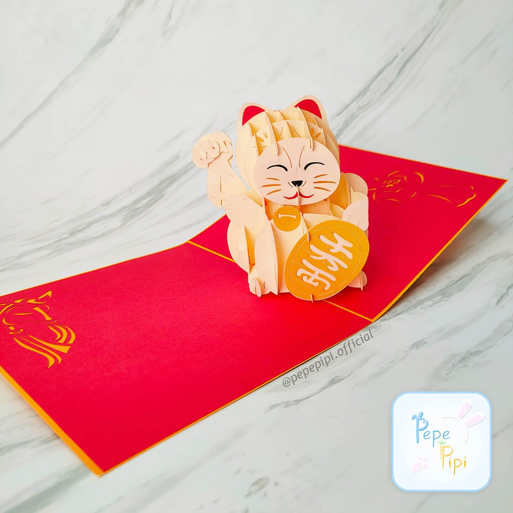 Pop Up Card Lucky Cat 3D Kucing Keberuntungan Kartu Ucapan Greetings Card