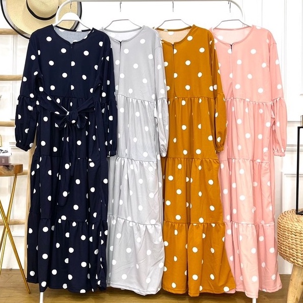 Gamis busui mayung rempel 3 susun tali pinggang pita motif polkadot besar bahan voxy merk cocobee (k