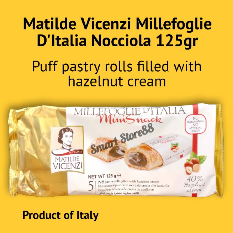

VICENZI MILLEFOGLIE DITALIA 125GR PUFF PASTRY ROLLS FILLED WITH HAZELNUT CREAM