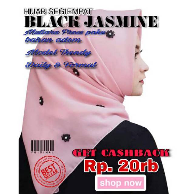 Grosir Jilbab Kerudung Hijab Segiempat Black Jasmine / Segiempat Melati Tabur  ( isi 20pcs )