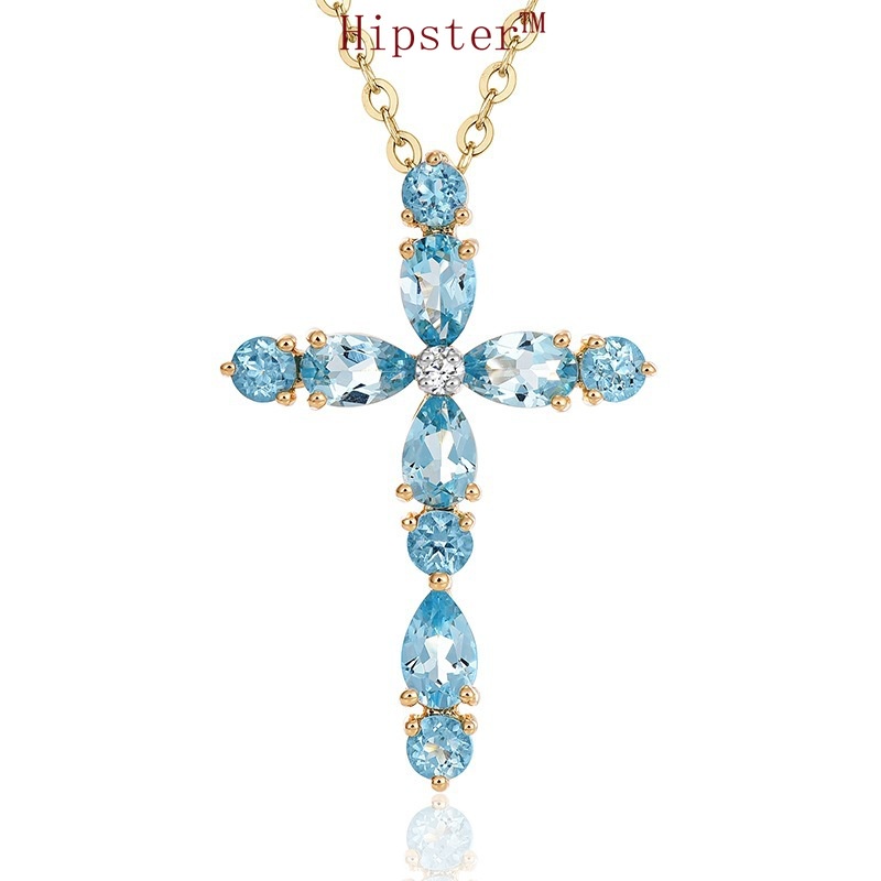 New Elegant Inlaid with Diamond Colored Gemstone Cross Pendant