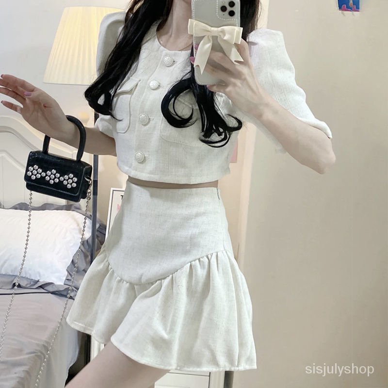 #Sisjuly# Rok Fishtail Jas Pendek Putih Ramping Wanita Setelan Dua Potong