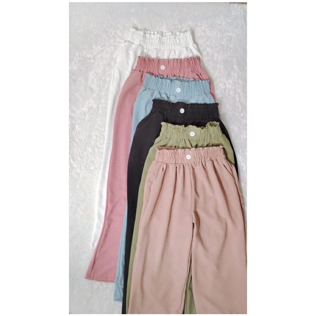 CELANA KULOT LINEN KANCING TENGAH WANITA HIGHWAIST KEKINIAN BAHAN TEBAL