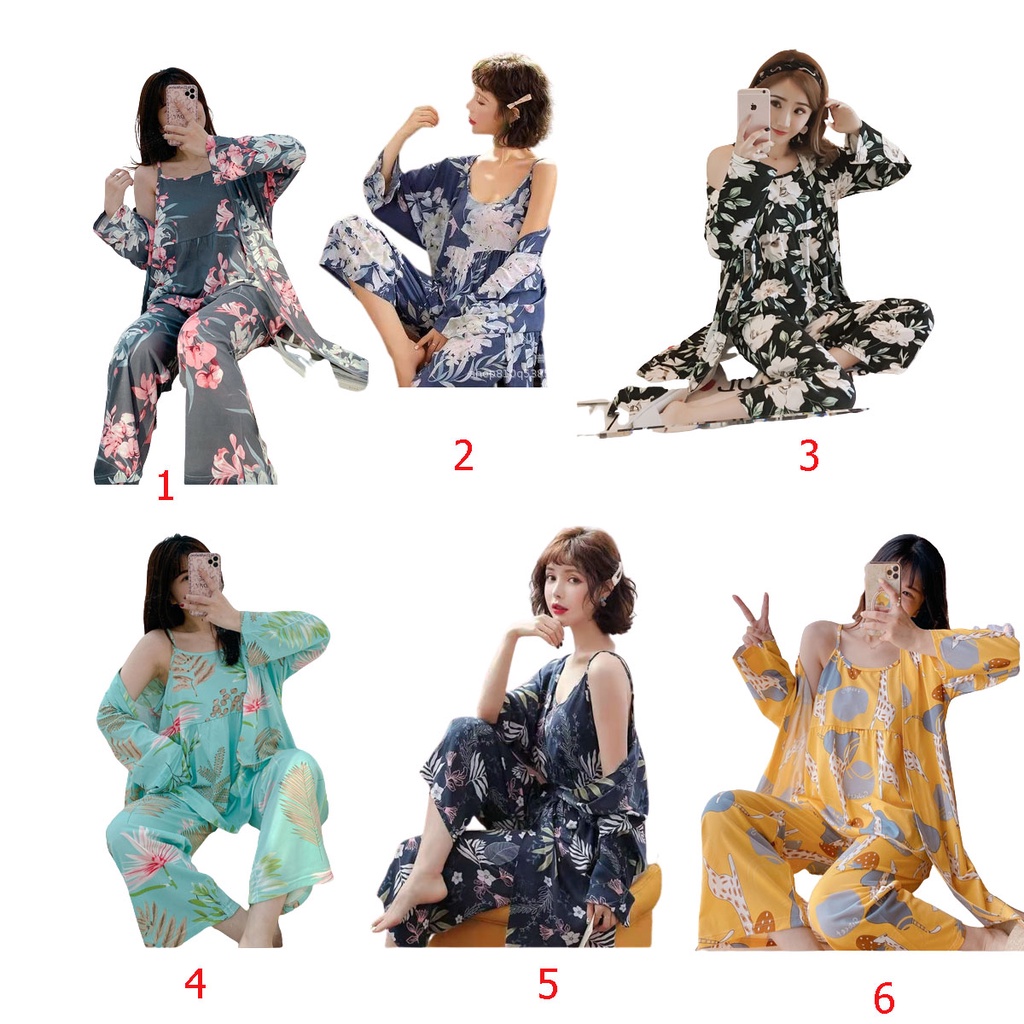Kimono set PP flower baju tidur bahan  spandek