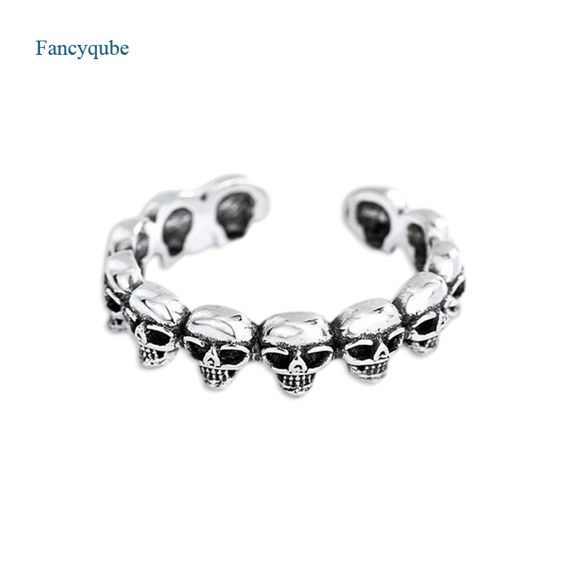 Fancyqube Cincin Adjustable Desain Tengkorak Warna Hitam Gaya Punk Vintage Untuk Pria Dan Wanita