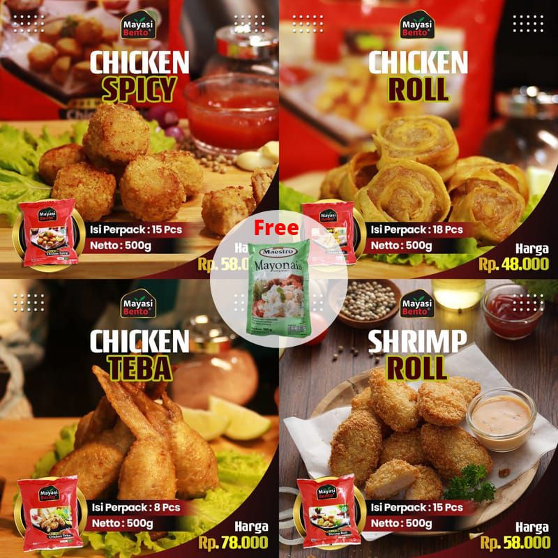 

Paket bundling 4 varian mayasi bento, chicken teba chicken roll chicken spicy shrimp roll / bento frozen halal BPOM
