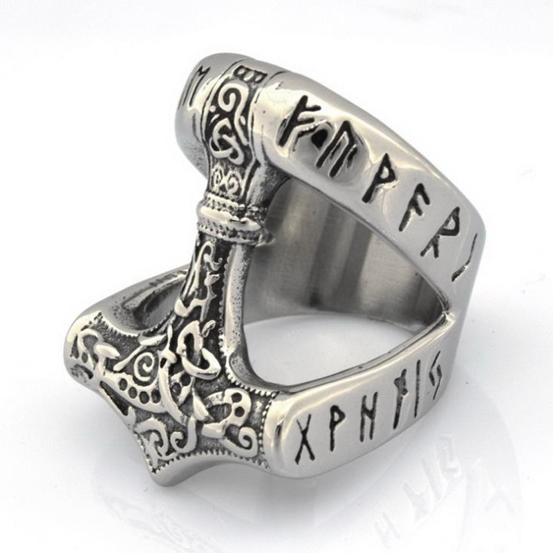 Cincin Silver Bentuk Palu Thor Gaya Punk Viking Untuk Pria