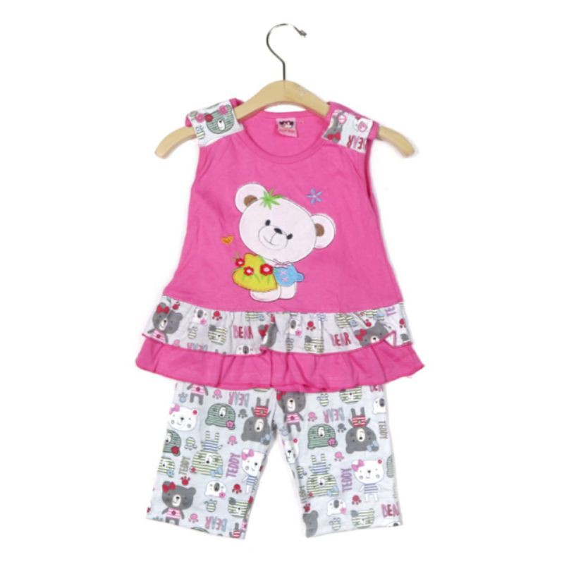 SETELAN FASHION PAKAIAN BAJU ANAK PEREMPUAN 1 TAHUN MOTIF BEAR CUTE WARNA PINK FANTA PEACH RENDA