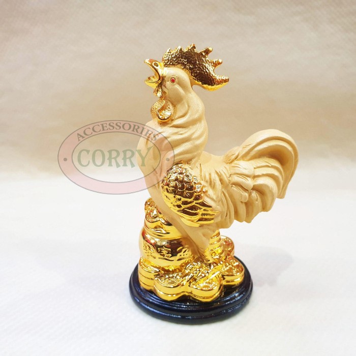 Patung Emas Gold Shio Ayam 12 Cm Doff Imlek Kaca Resin Rejeki Hoki