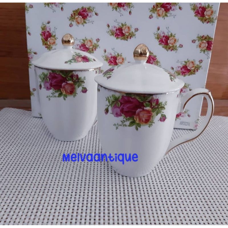 Mug + Tutup Keramik / Mug Shabby Super Mewah
