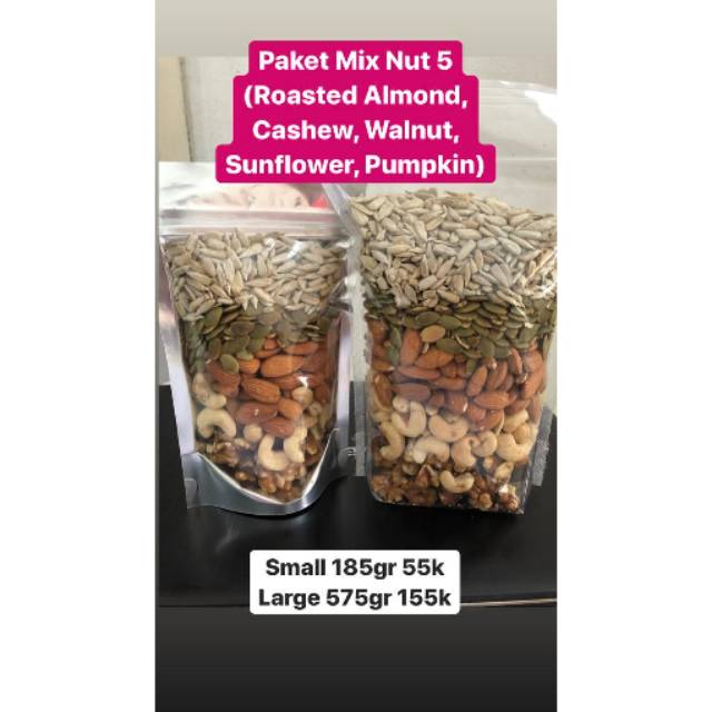 

Paket Mix Nut 5 (almond, cashew, walnut, sunflower dan pumpkin)