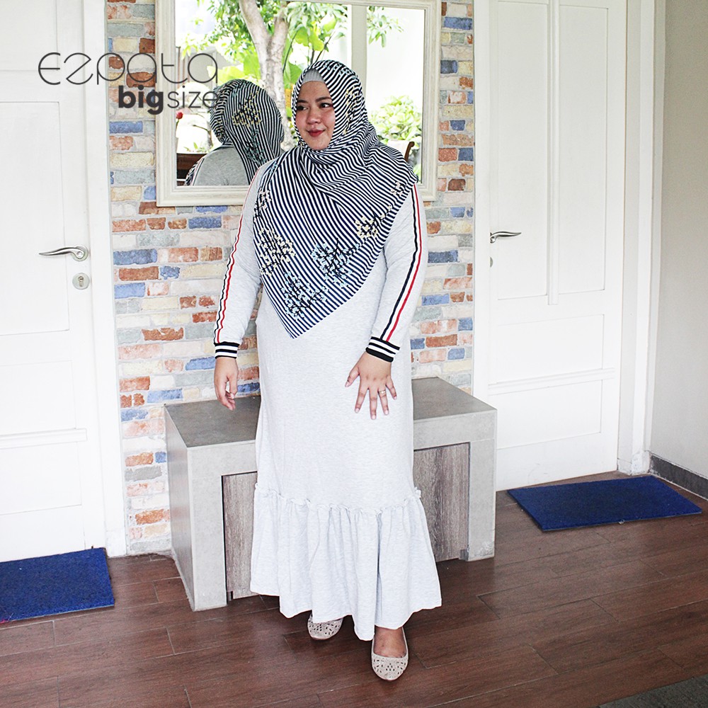 Ezpata Gamis Wanita Muslim Jubah Jumbo Bigsize Motif Garis Bagian Lengan Bahan Kaos Ukuran XXL Kekinian Termurah