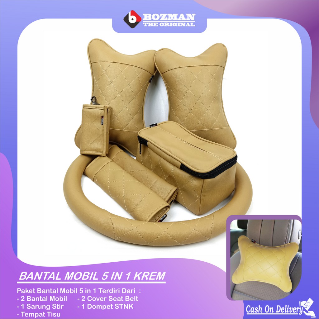 Set Bantal Mobil 5 in 1 Bantal Mobil Seatbelt Sarung Stir Dompet STNK Tempat Tissue Premium