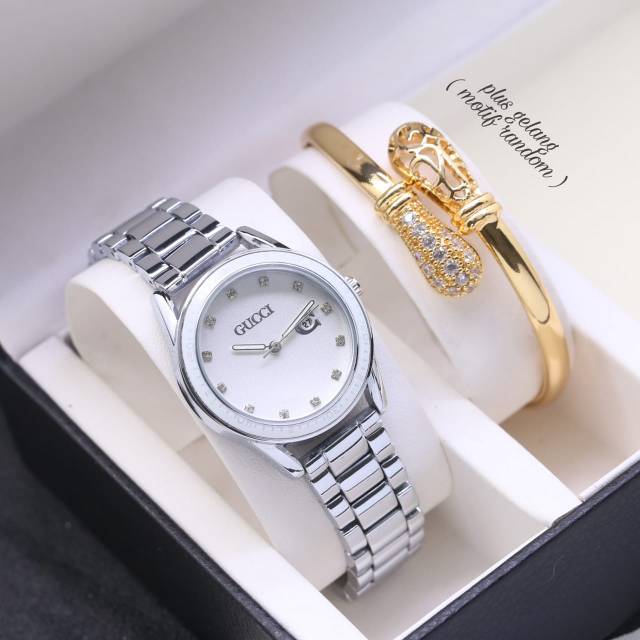 JAM TANGAN WANITA GUCCI RANTAI TGL AKTIF FREE GELANG RANDOM || DIAMETER 3 CM || COD