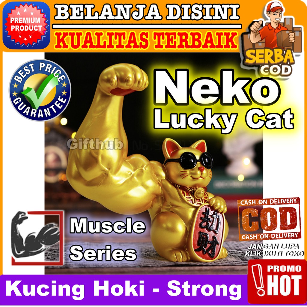 Neko Lucky Cat Gold Muscle Series Strong Hand Kucing Hoki Jepang Emas Ornamen Patung Pajangan 23cm