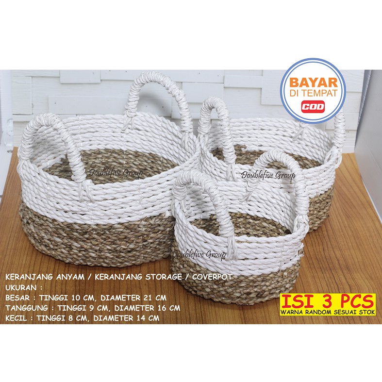 Hiasan Keranjang Anyam Kuping, Cover Pot Anyaman isi 3. Seagrass Basket (size 10,9,8) WARNA