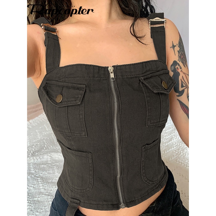Rapcopter Y2K Brown Jeans Corset Top Zipper Bandage Retro Crop Top Strap Punk Streetwear Aesthetic M