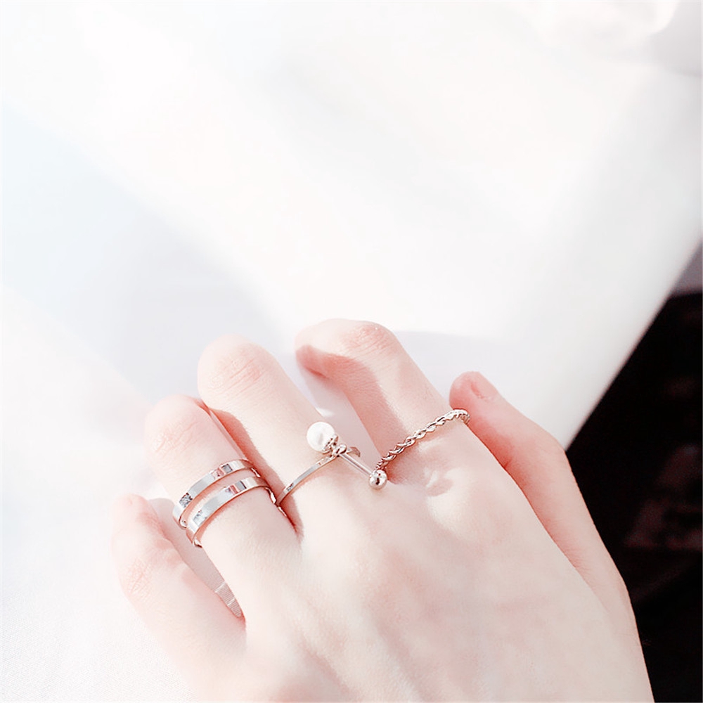 Bayar Di Tempat 3pcs Wild Hollow Pearl Joint Ring Combination Minimalis Wind Wild Ring