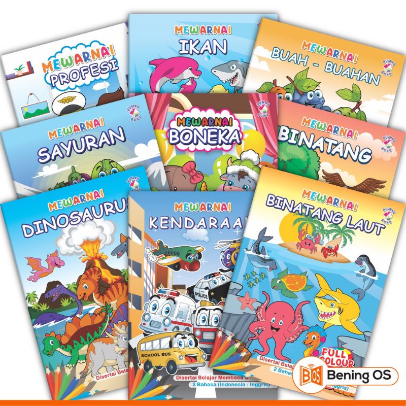 BUKU MEWARNAI Hewan Buah Transportasi Sayuran pemandangan  karakter kartun ANAK PAUD TK SD Balita