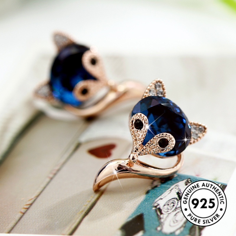 Anting Tusuk Motif Rubah Lucu Bahan Sterling Silver 925 Warna Rose Gold Untuk Wanita