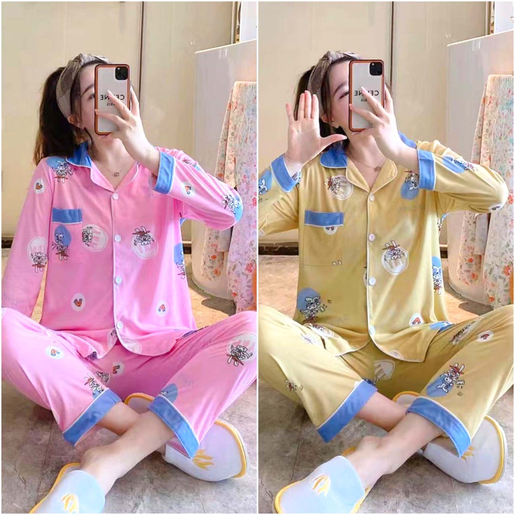 BEE - Setelan Wanita Import | Baju Tidur Lengan Panjang | Piyama Wanita | Baju Tidur Spandek