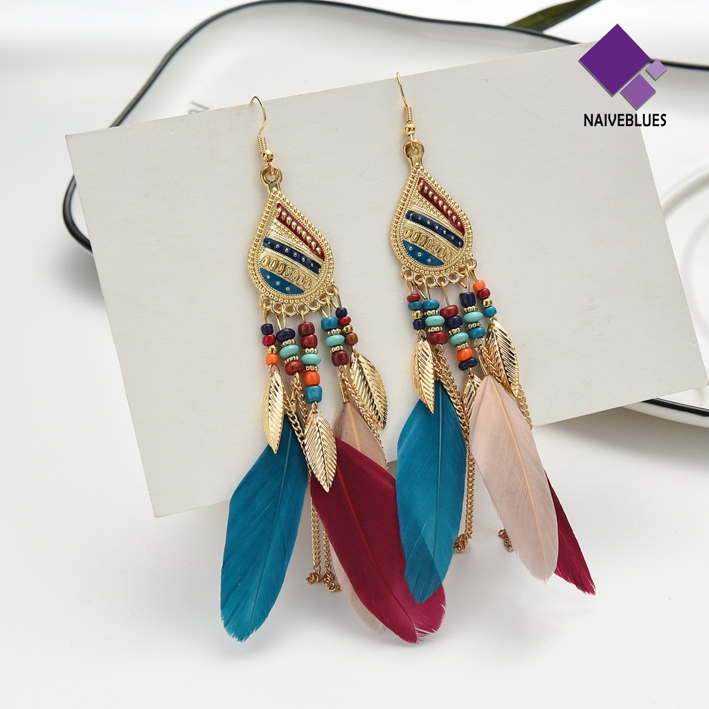 Naiveblue 1 Pasang Anting Kait Gantung Wanita Desain Bulu + Manik-Manik Warna Warni Gaya Retro / Bohemian Untuk Pesta