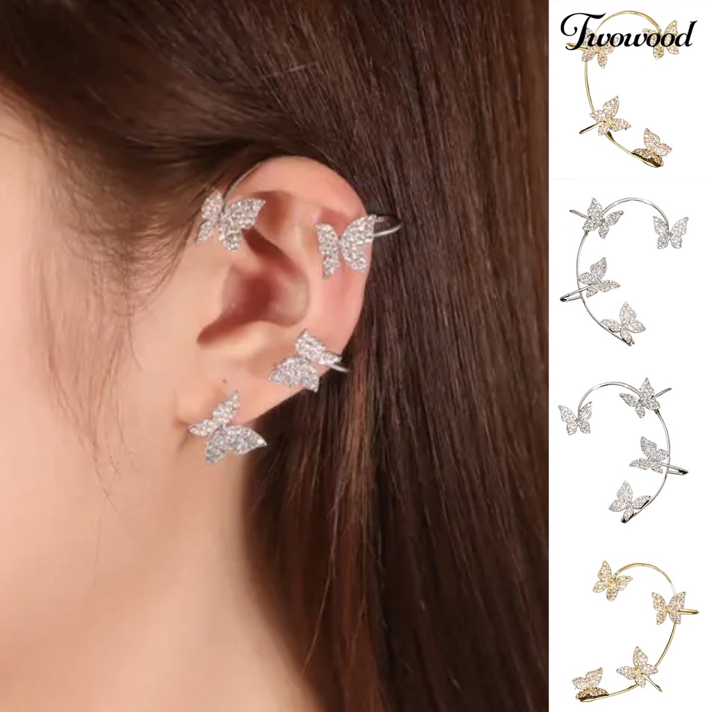 Twowood 1Pc Clip Earring Butterfly Rhinestone Jewelry Temperament Delicate Ear Cuff for Wedding