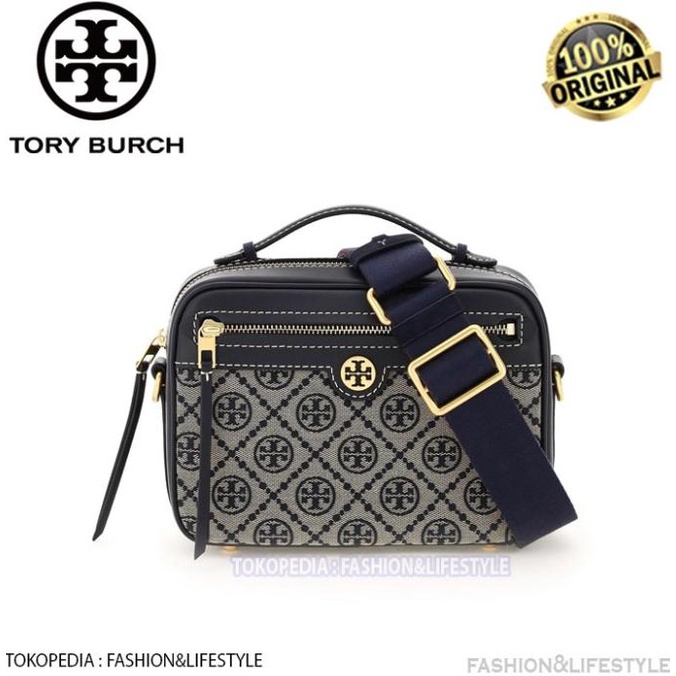 TAS TORY BURCH T Monogram Jacquard Camera Bag Navy ORIGINAL TB