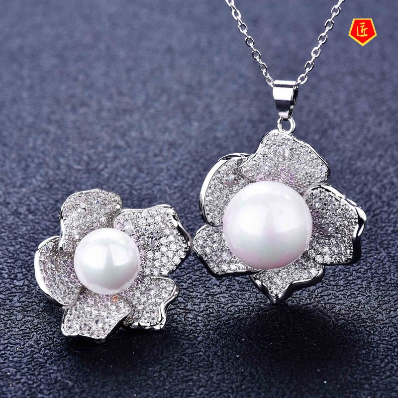 [Ready Stock]Luxury Jewelry Freshwater Pearl Necklace Set Ear Stud and Ring