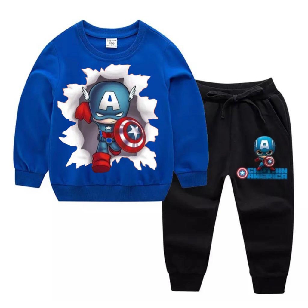 SETELAN BAJU SWEATER ANAK LAKI LAKI MOTIF CAPTAIN AMERIKA SIZE 1-5 TAHUN TERLARIN BAHAN BABYTERRY LEMBUT DAN TIDAK GERAH