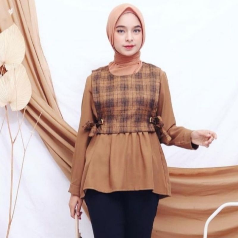 kawaii blouse vest bahan linen motif tartan / moscrepe / blouse vest lengan panjang / blouse rompi /