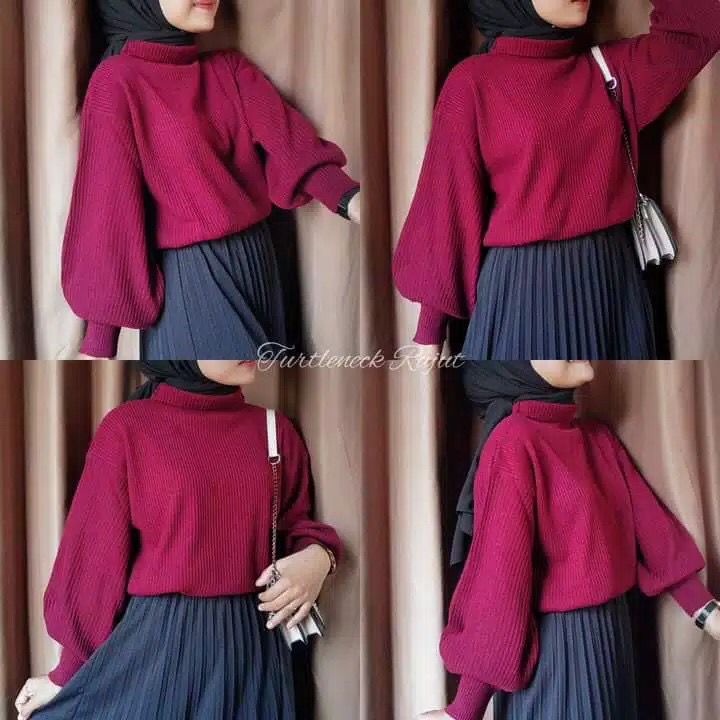BLOUSE BAJU RAJUT WANITA LENGAN BALON KERAH TINGGI PREMIUM / BASIC RAJUT TURTLENECK PREMIUM / SWEATE