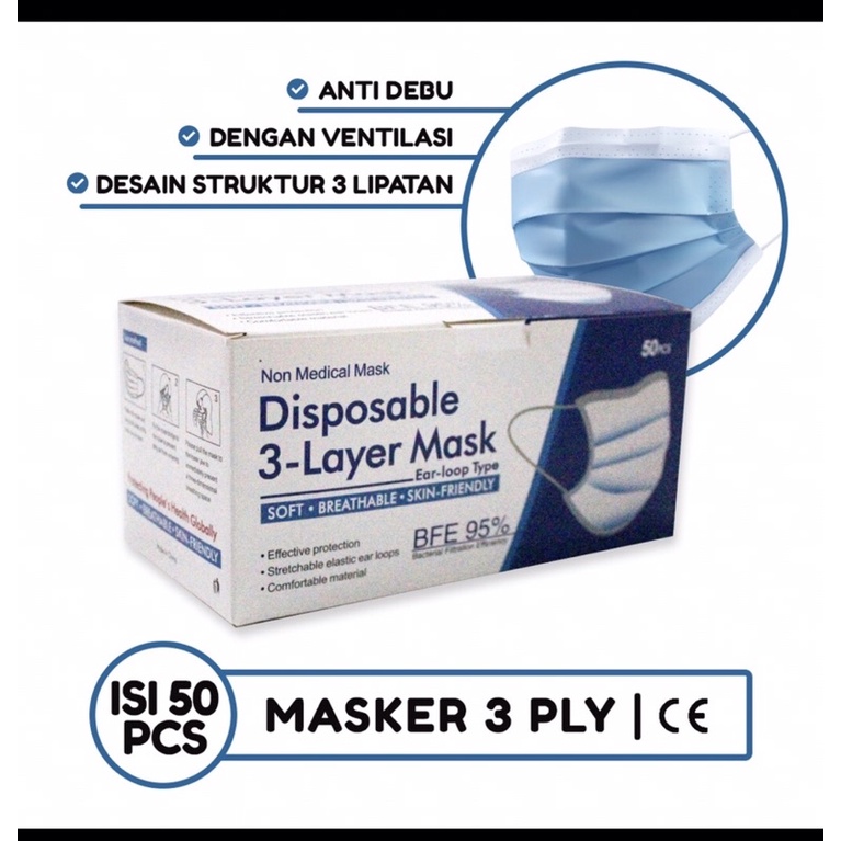 masker disposable protective mask earloop 3ply isi 50
