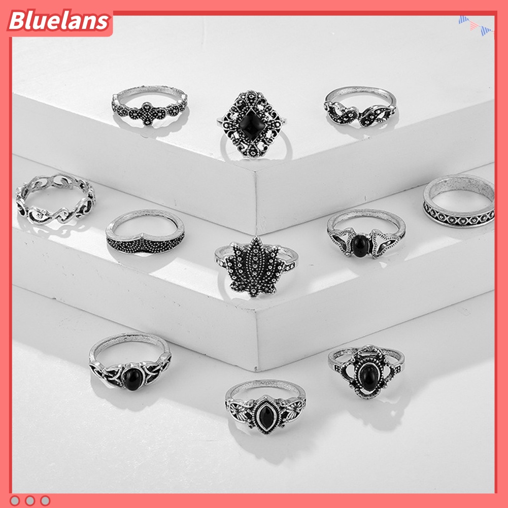 Bluelans 11Pcs / Set Cincin Motif Ukiran Bunga Teratai / Tetesan Air Aksen Hollow + Batu Permata Imitasi Untuk Wanita